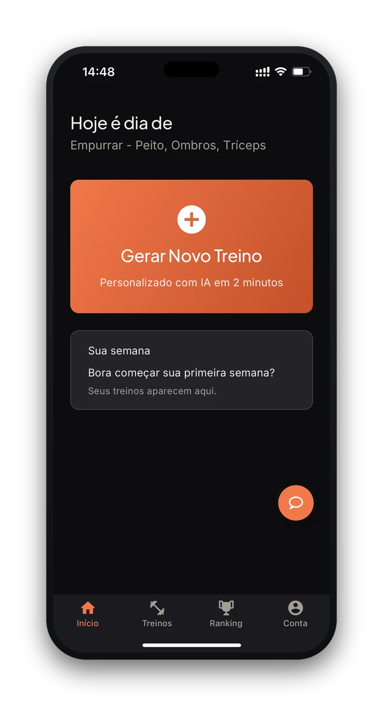 Tela inicial do PopTreinos com botão de gerar novo treino