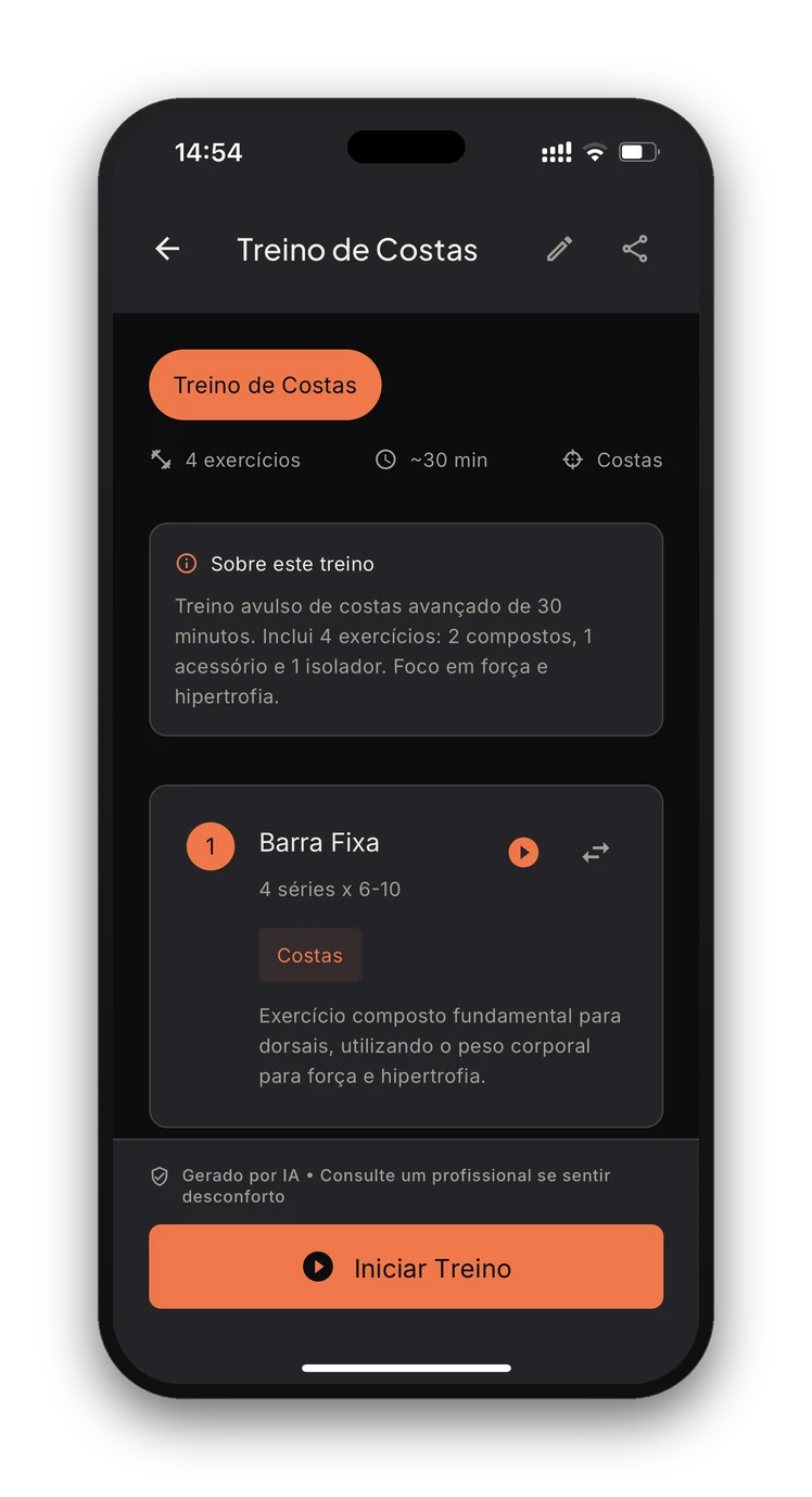 Treino gerado pela IA com exercícios, séries e repetições